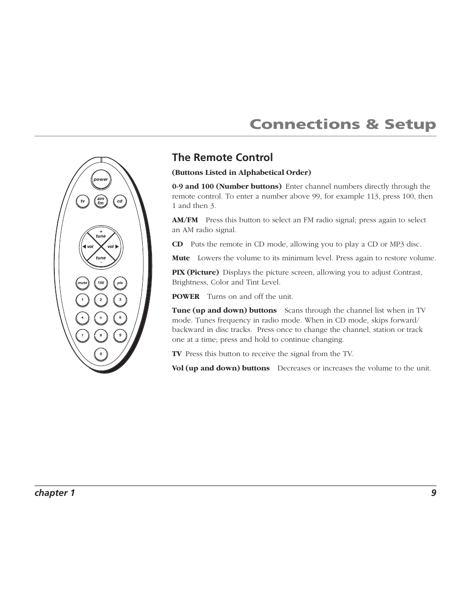 Connections & setup, The remote control, Chapter 1 9 | RCA TV/Radio/CD Player User Manual | Page 11 / 24