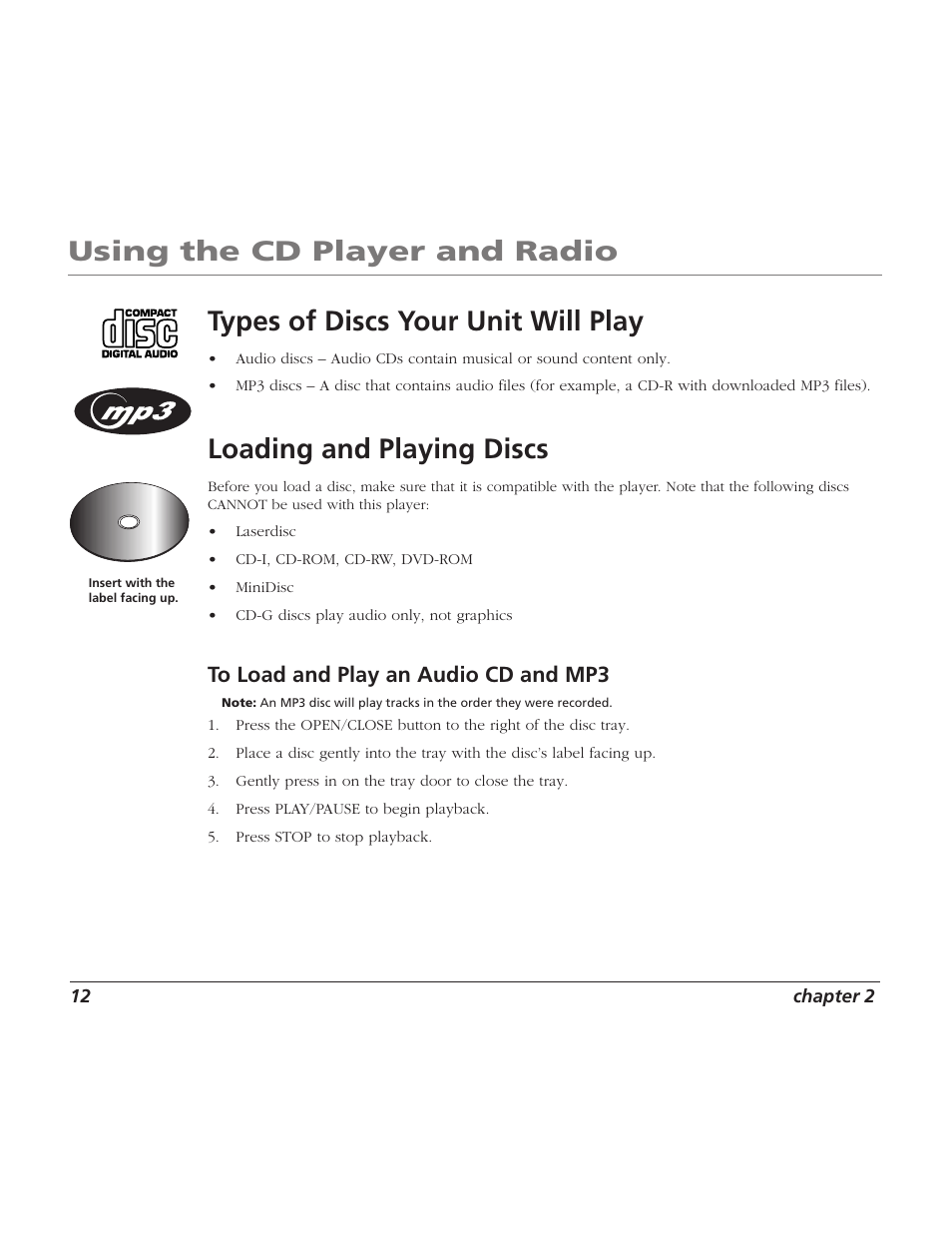 Using the cd player and radio, Types of discs your unit will play, Loading and playing discs | 12 chapter 2 | RCA TV/Radio/CD Player User Manual | Page 14 / 24