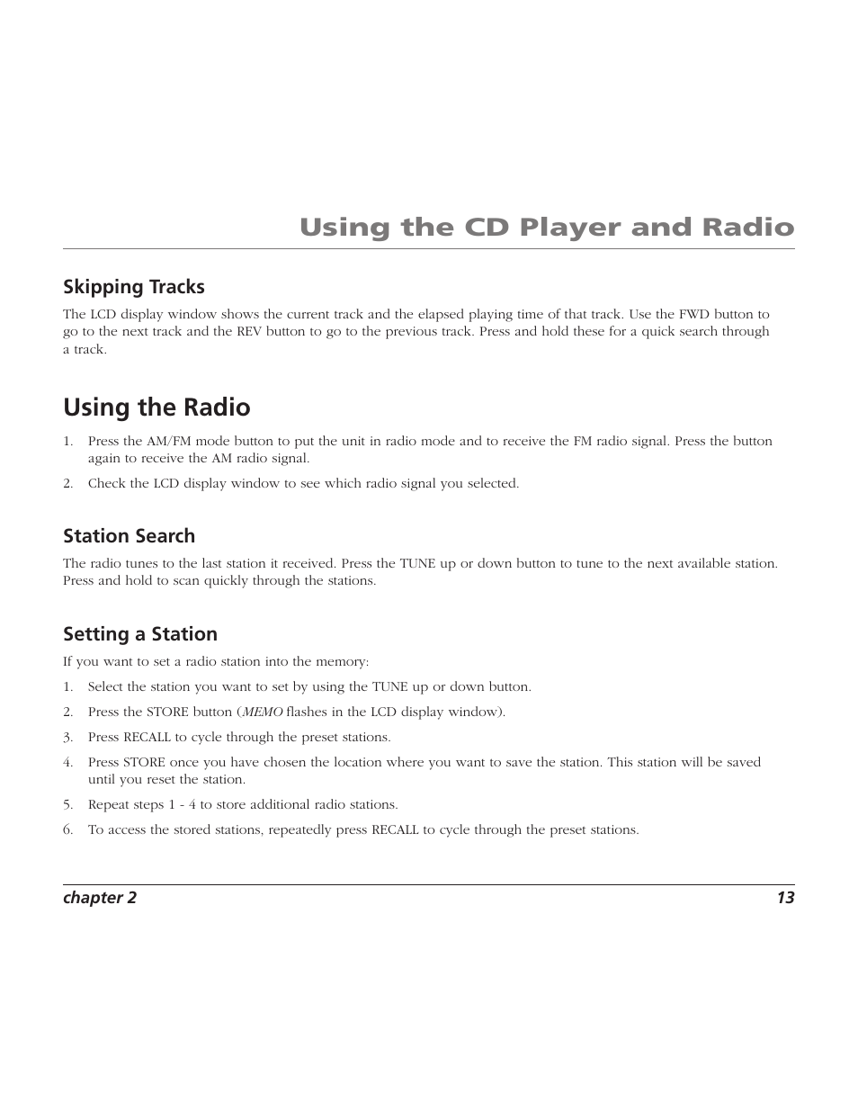 Using the cd player and radio, Using the radio, Skipping tracks | Station search, Setting a station | RCA TV/Radio/CD Player User Manual | Page 15 / 24
