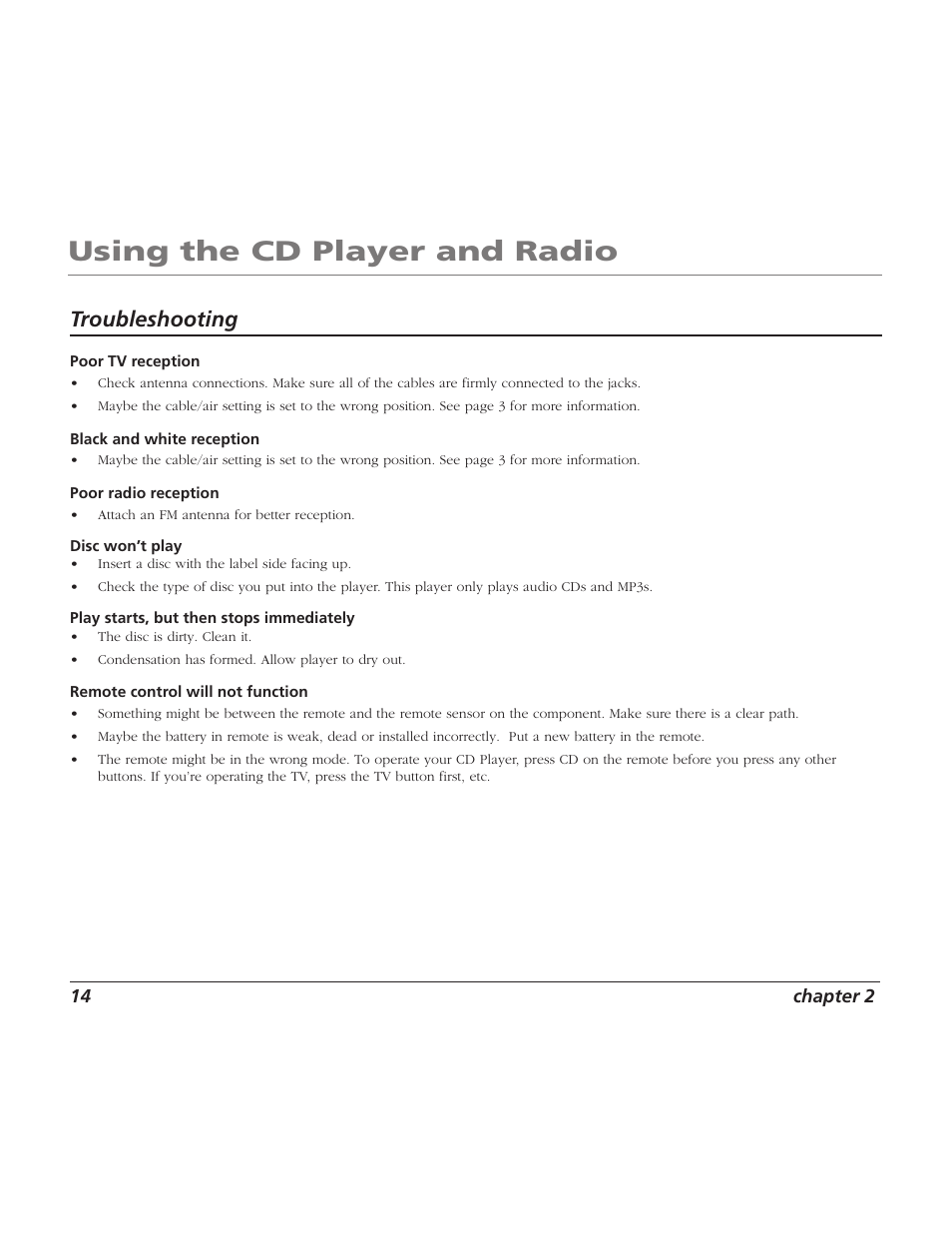Using the cd player and radio, Troubleshooting | RCA TV/Radio/CD Player User Manual | Page 16 / 24