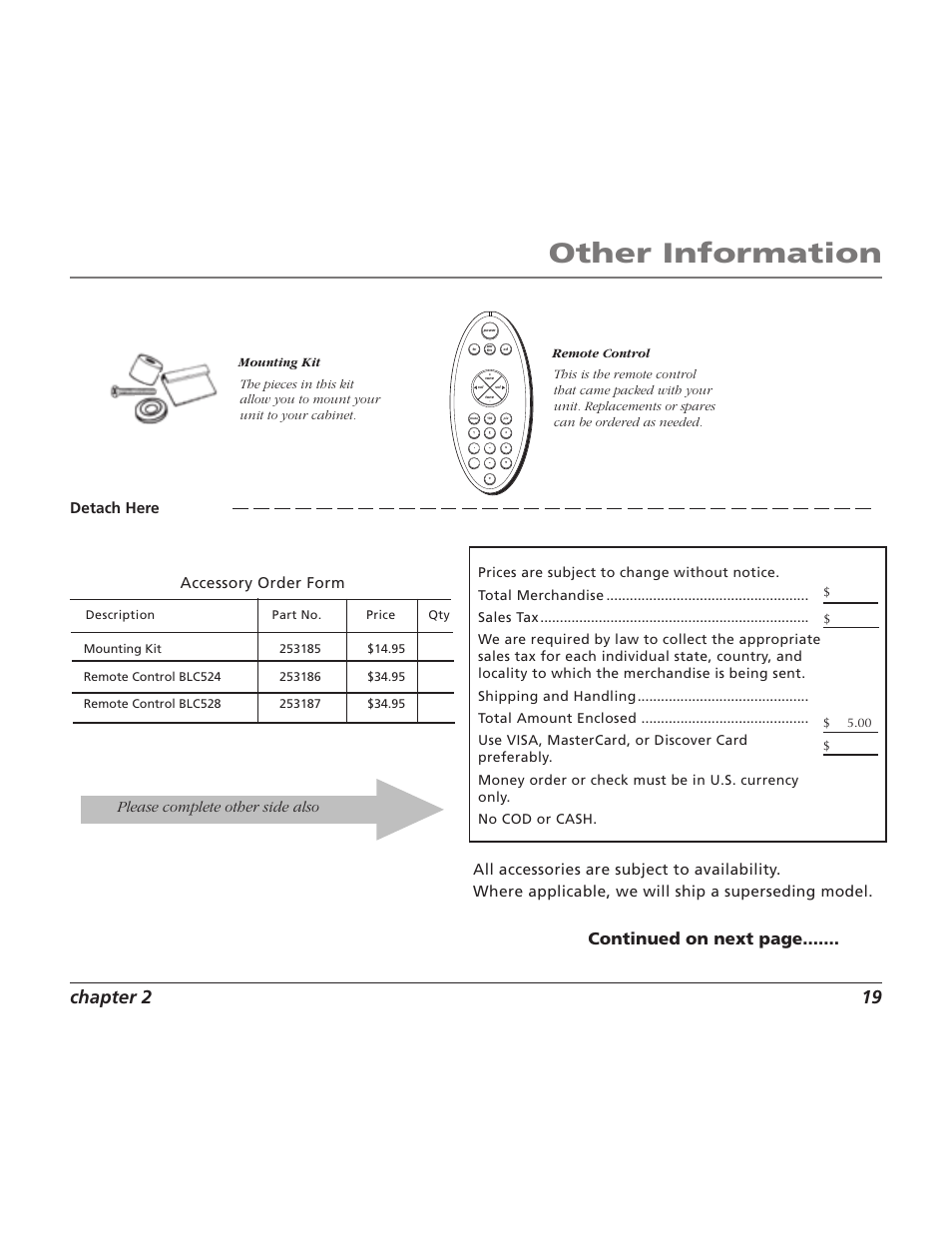 Other information, Chapter 2 19, Continued on next page | Accessory order form, Please complete other side also, Detach here | RCA TV/Radio/CD Player User Manual | Page 21 / 24