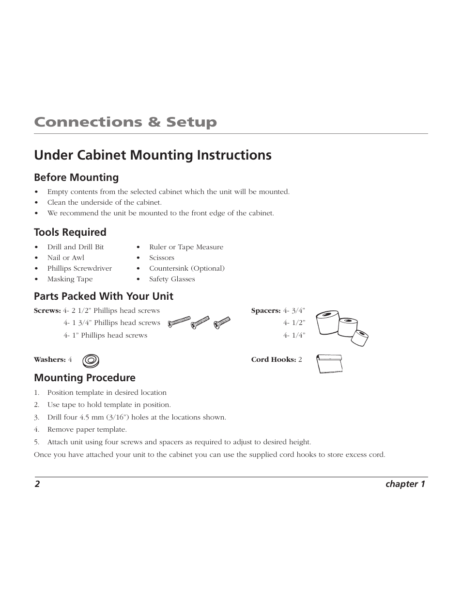 Connections & setup, Under cabinet mounting instructions, Before mounting | Tools required, Parts packed with your unit, Mounting procedure | RCA TV/Radio/CD Player User Manual | Page 4 / 24