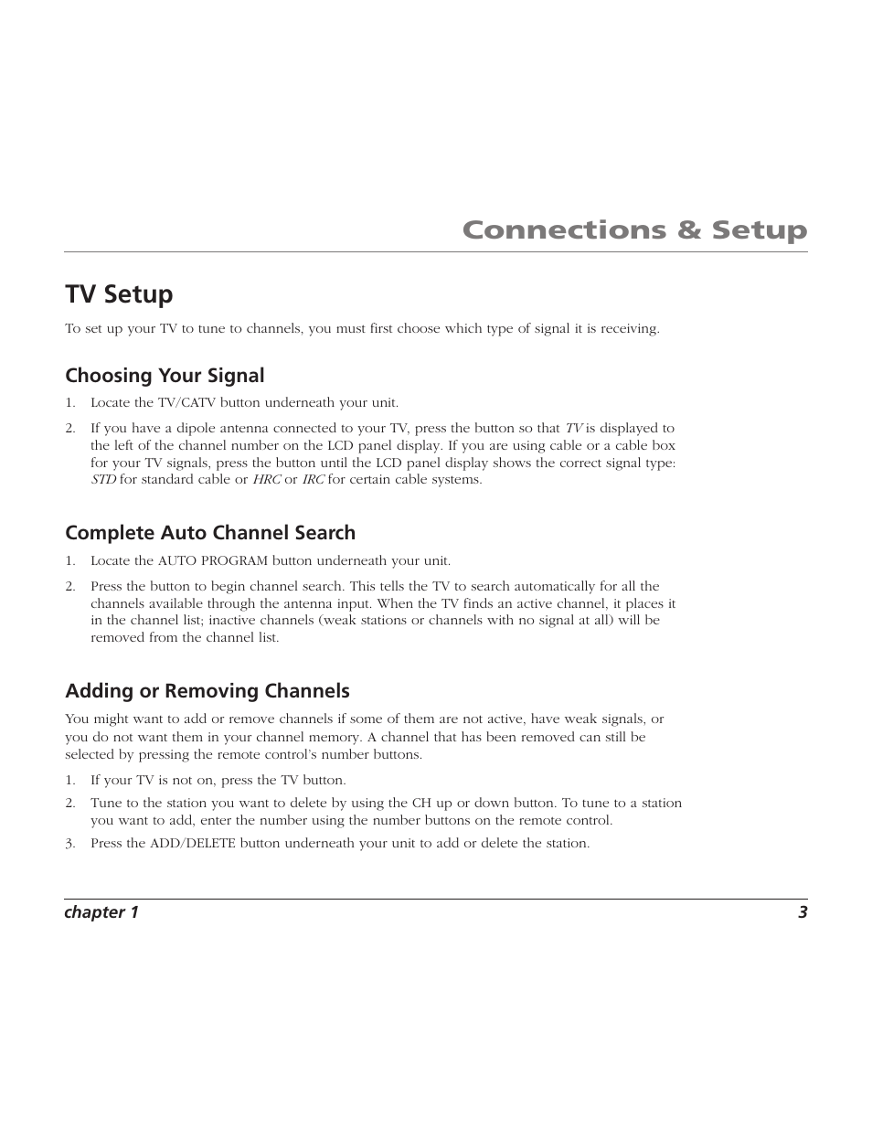 Connections & setup, Tv setup, Choosing your signal | Complete auto channel search, Adding or removing channels | RCA TV/Radio/CD Player User Manual | Page 5 / 24