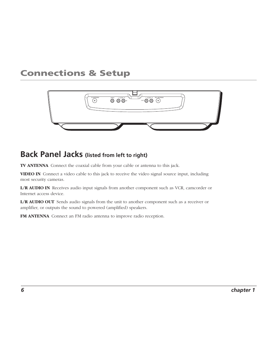 Connections & setup, Back panel jacks, 6chapter 1 | Listed from left to right) | RCA TV/Radio/CD Player User Manual | Page 8 / 24