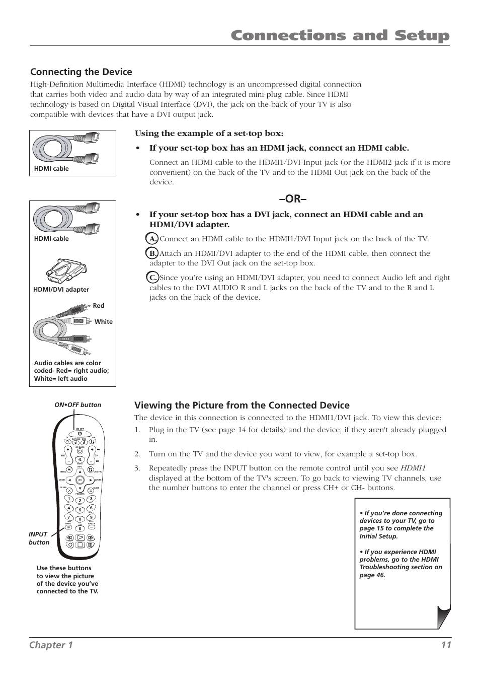 Connections and setup, Chapter 1 11, Connecting the device | Viewing the picture from the connected device | RCA L37WD250 User Manual | Page 11 / 52