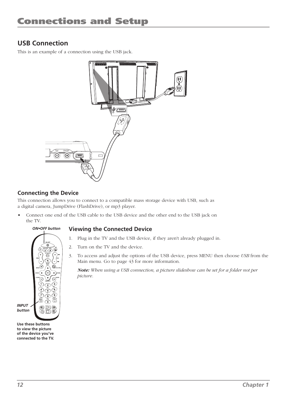 Connections and setup, Usb connection, 12 chapter 1 | Connecting the device, Viewing the connected device | RCA L37WD250 User Manual | Page 12 / 52