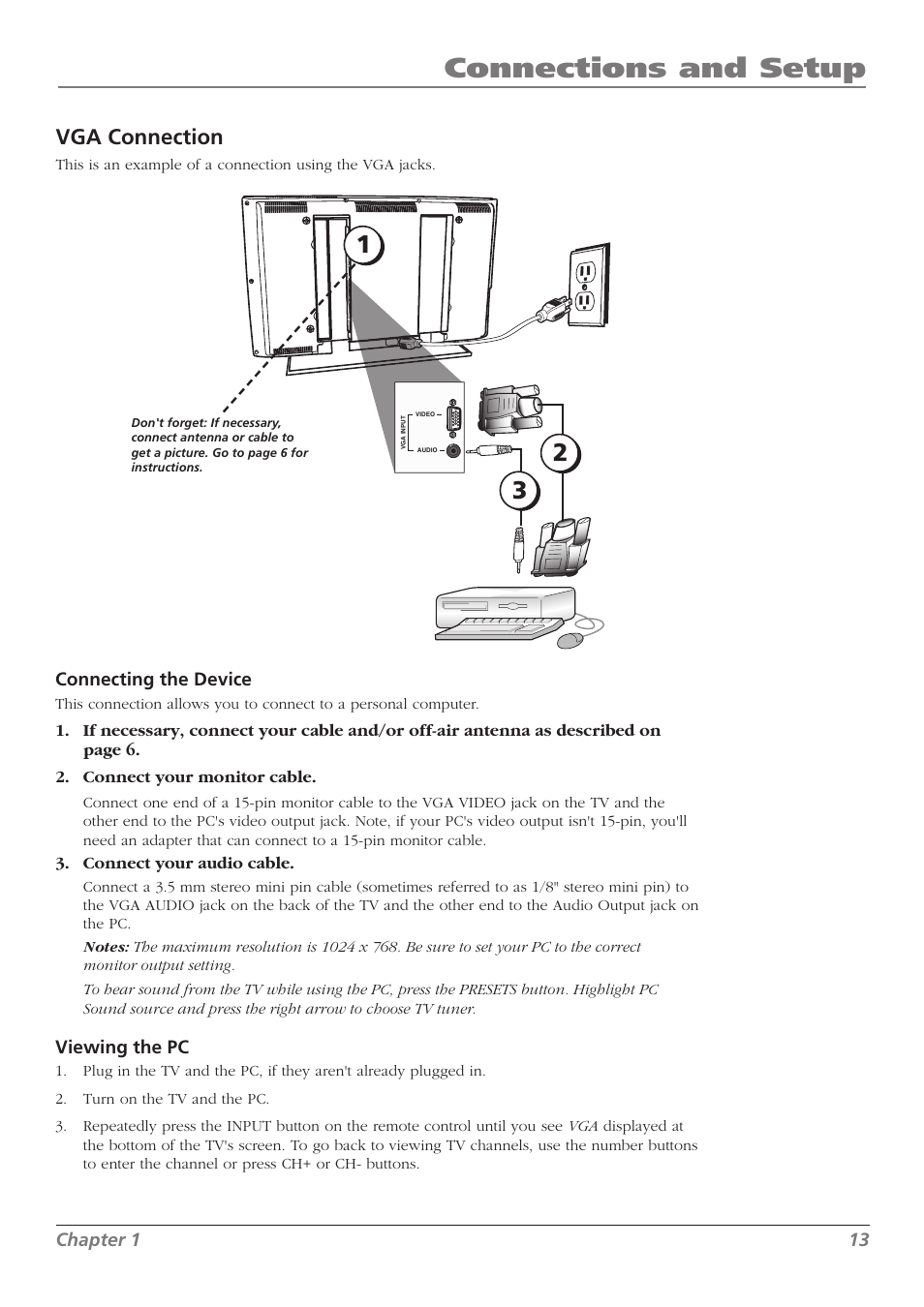 Connections and setup, Vga connection | RCA L37WD250 User Manual | Page 13 / 52