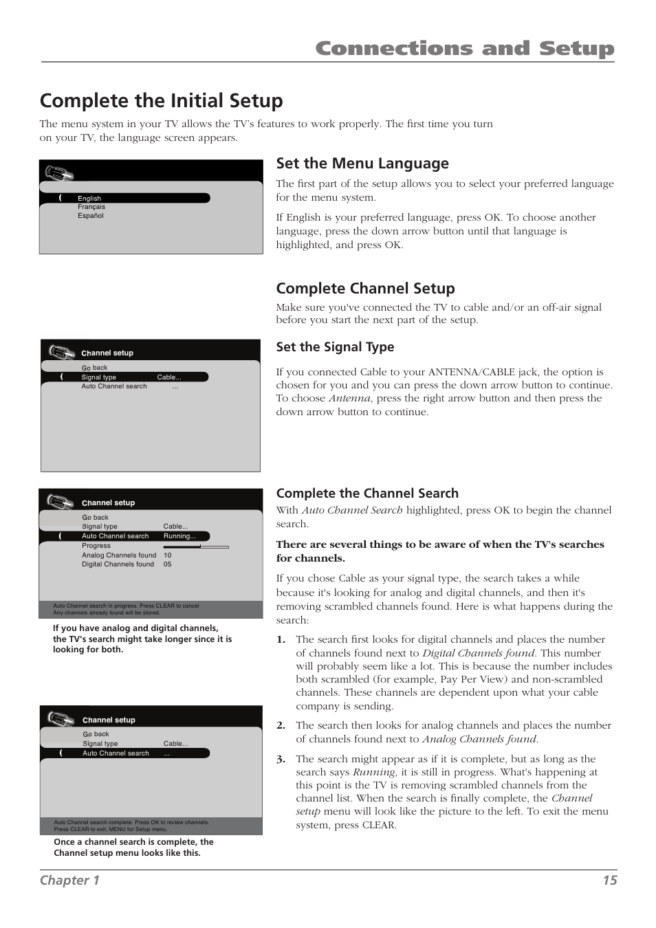Connections and setup, Complete the initial setup, Set the menu language | Complete channel setup, Chapter 1 15, Set the signal type, Complete the channel search | RCA L37WD250 User Manual | Page 15 / 52