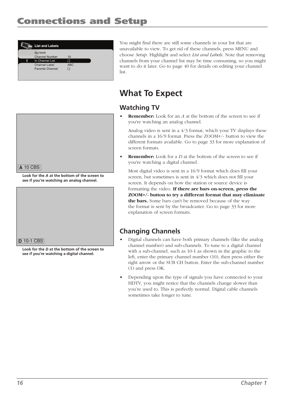 Connections and setup, What to expect, Watching tv | Changing channels, 16 chapter 1 | RCA L37WD250 User Manual | Page 16 / 52