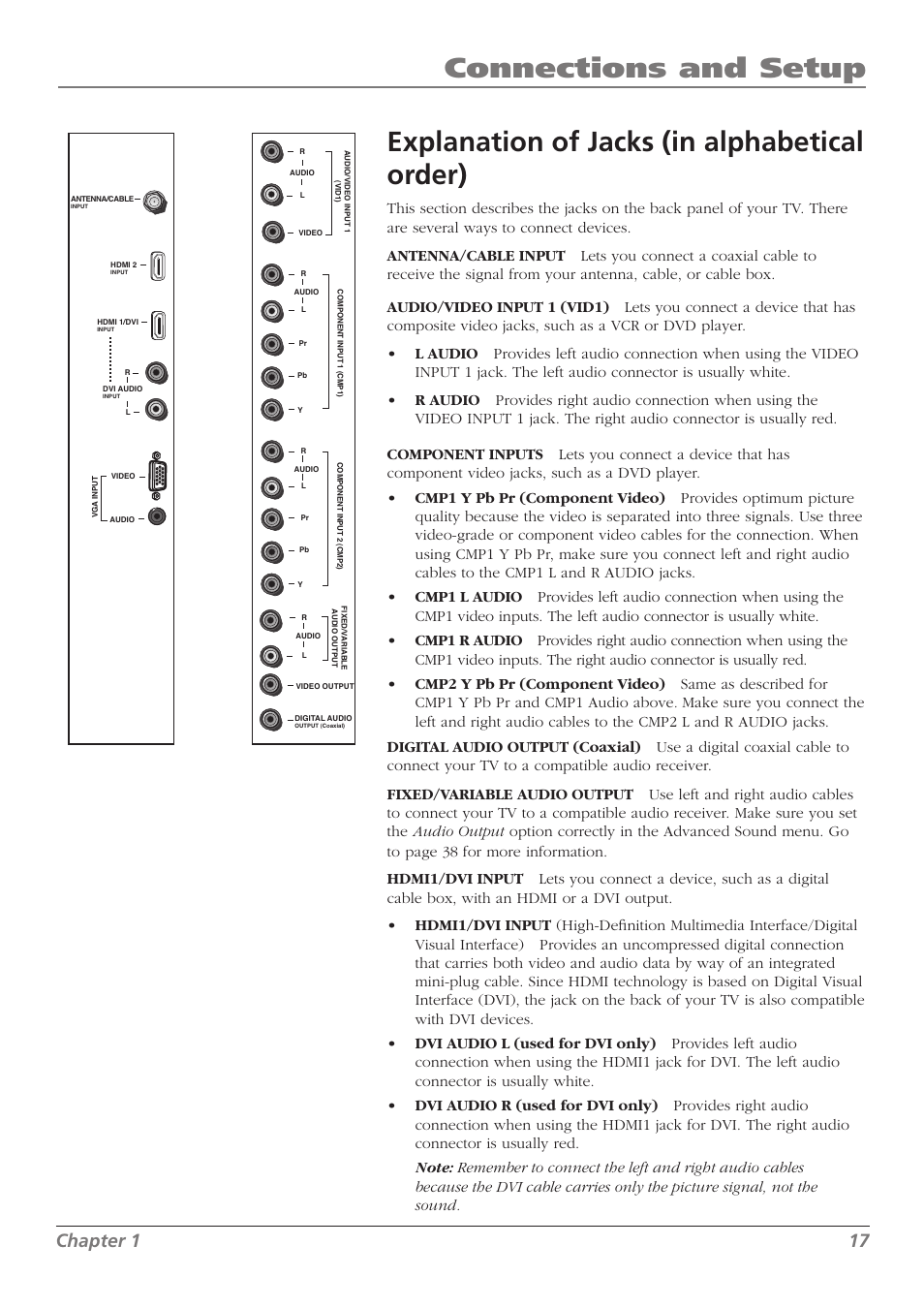 Connections and setup, Explanation of jacks (in alphabetical order), Chapter 1 17 | RCA L37WD250 User Manual | Page 17 / 52