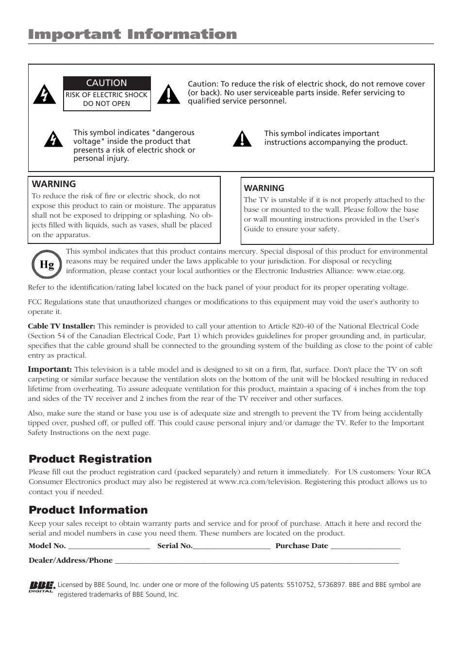Important information, Product registration, Product information | RCA L37WD250 User Manual | Page 2 / 52