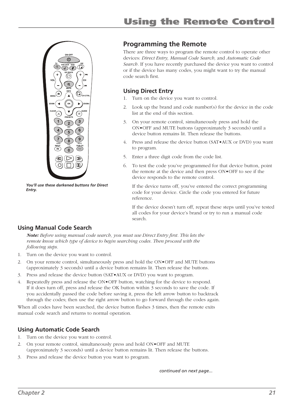 Using the remote control, Programming the remote, Chapter 2 21 | Using direct entry, Using manual code search, Using automatic code search | RCA L37WD250 User Manual | Page 21 / 52