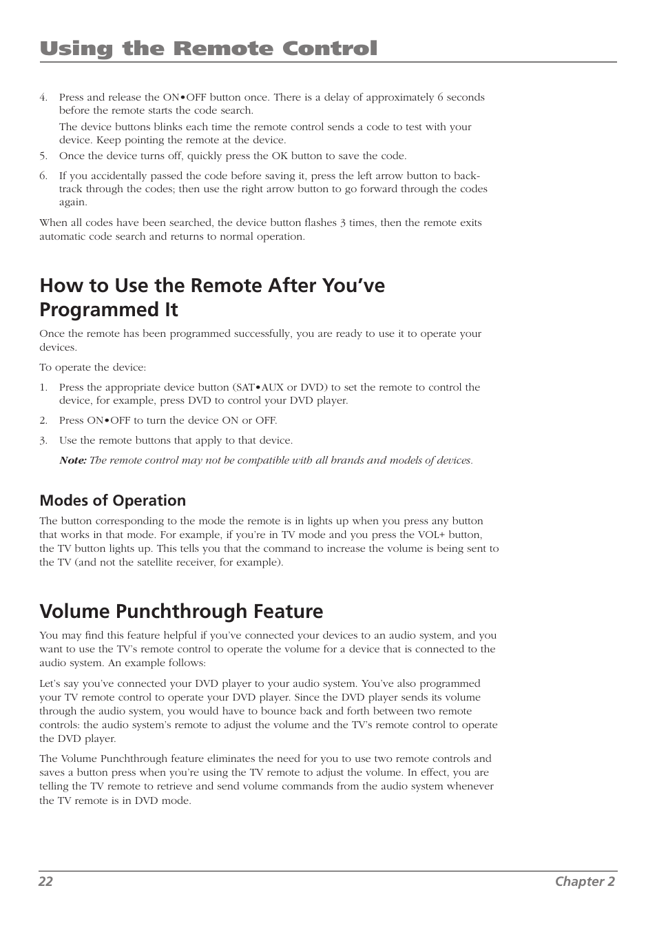 Using the remote control, How to use the remote after you’ve programmed it, Volume punchthrough feature | Modes of operation | RCA L37WD250 User Manual | Page 22 / 52