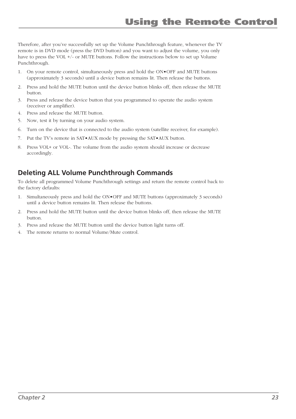 Using the remote control, Deleting all volume punchthrough commands | RCA L37WD250 User Manual | Page 23 / 52