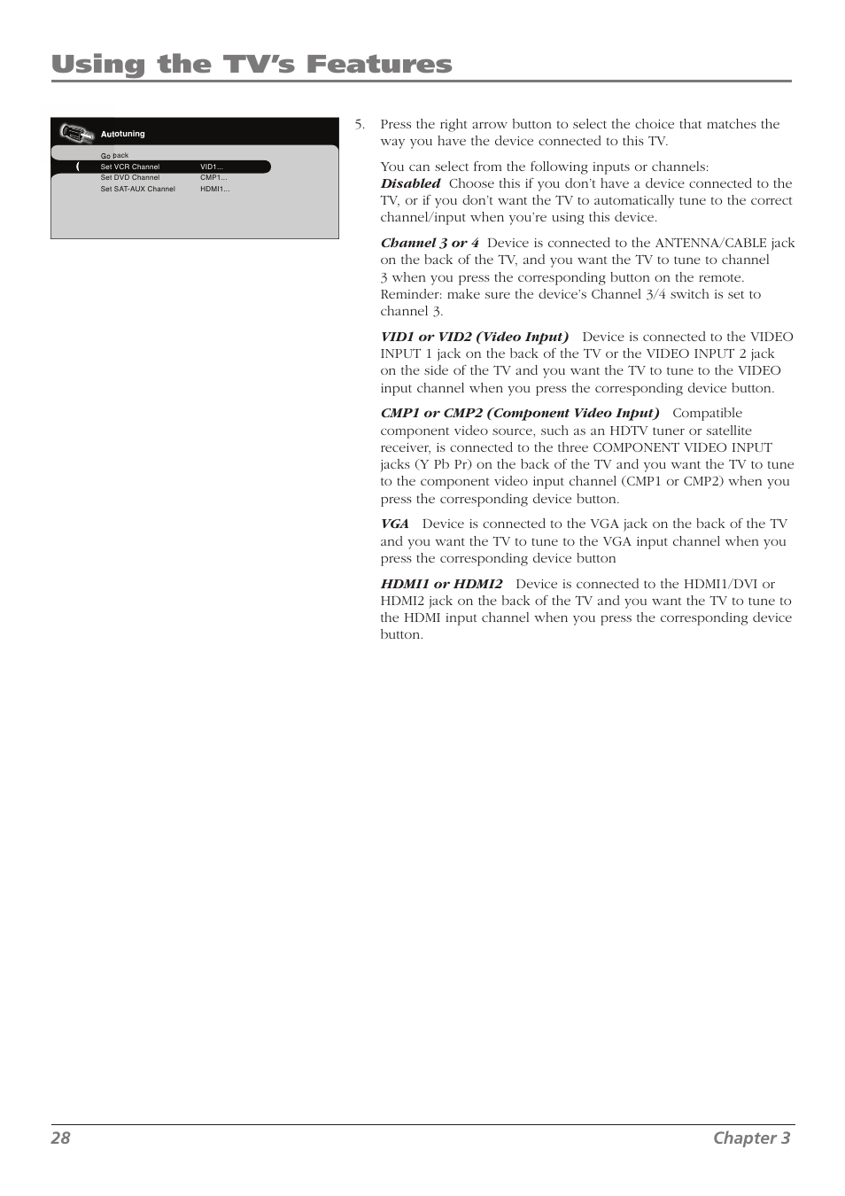 Using the tv’s features, 28 chapter 3 | RCA L37WD250 User Manual | Page 28 / 52
