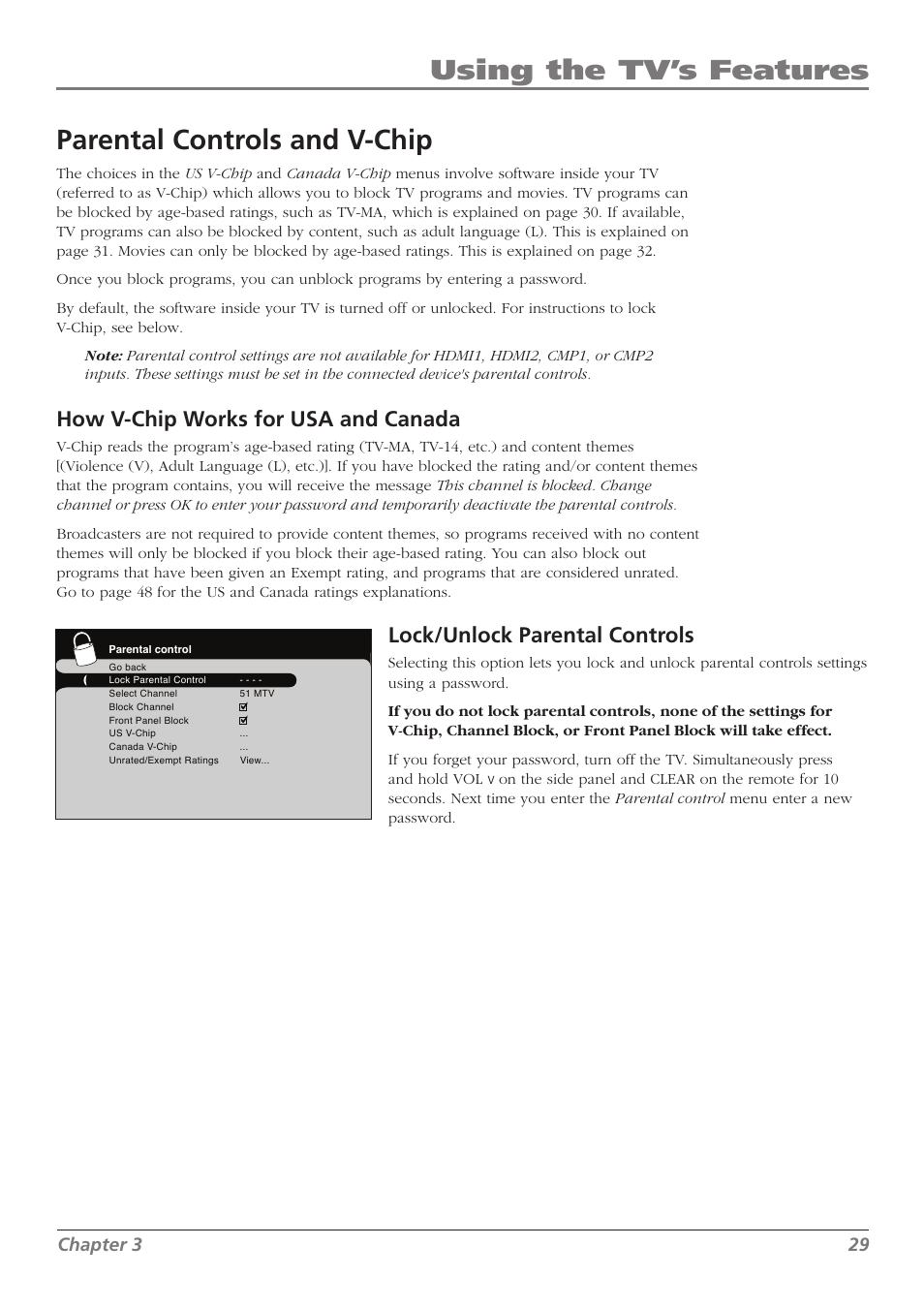 Using the tv’s features, Parental controls and v-chip, How v- chip works for usa and canada | Lock/unlock parental controls, Chapter 3 29 | RCA L37WD250 User Manual | Page 29 / 52