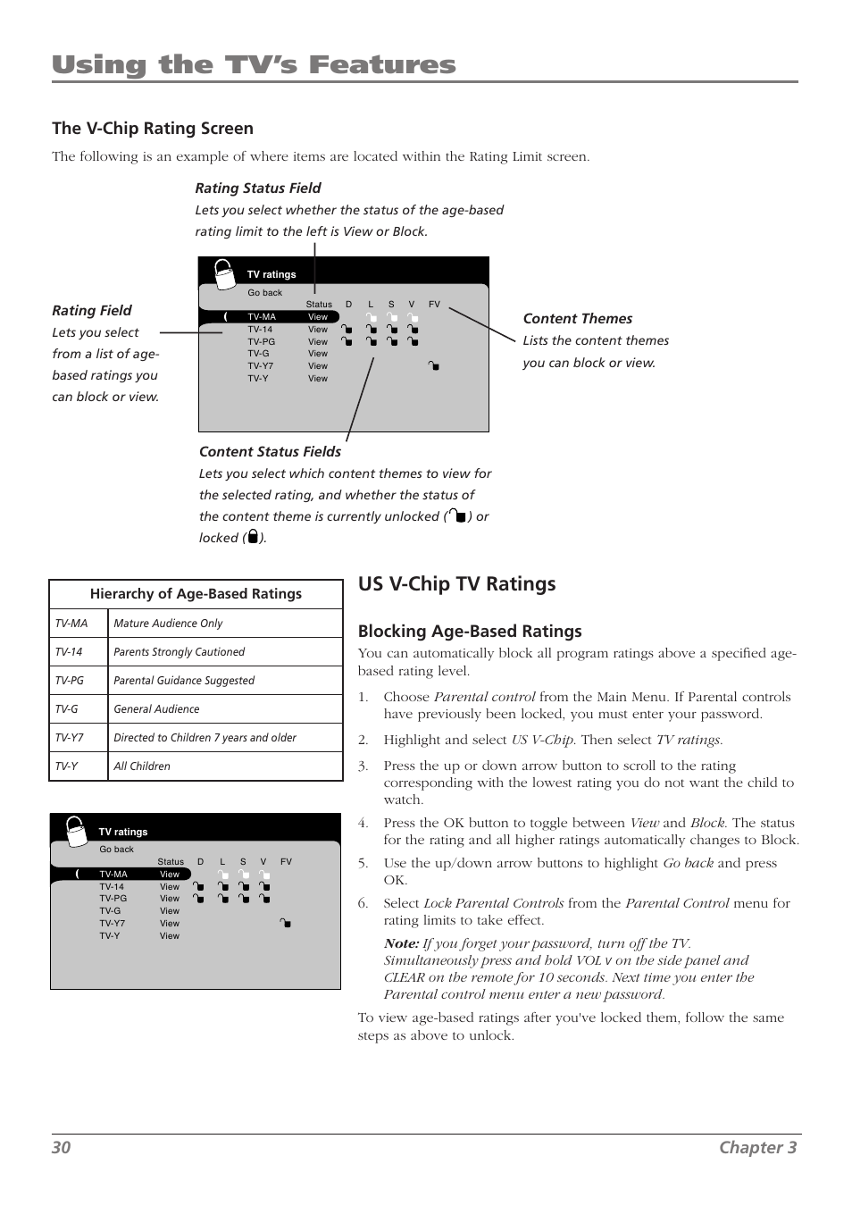 Using the tv’s features, Us v-chip tv ratings, 30 chapter 3 | The v-chip rating screen, Blocking age-based ratings | RCA L37WD250 User Manual | Page 30 / 52