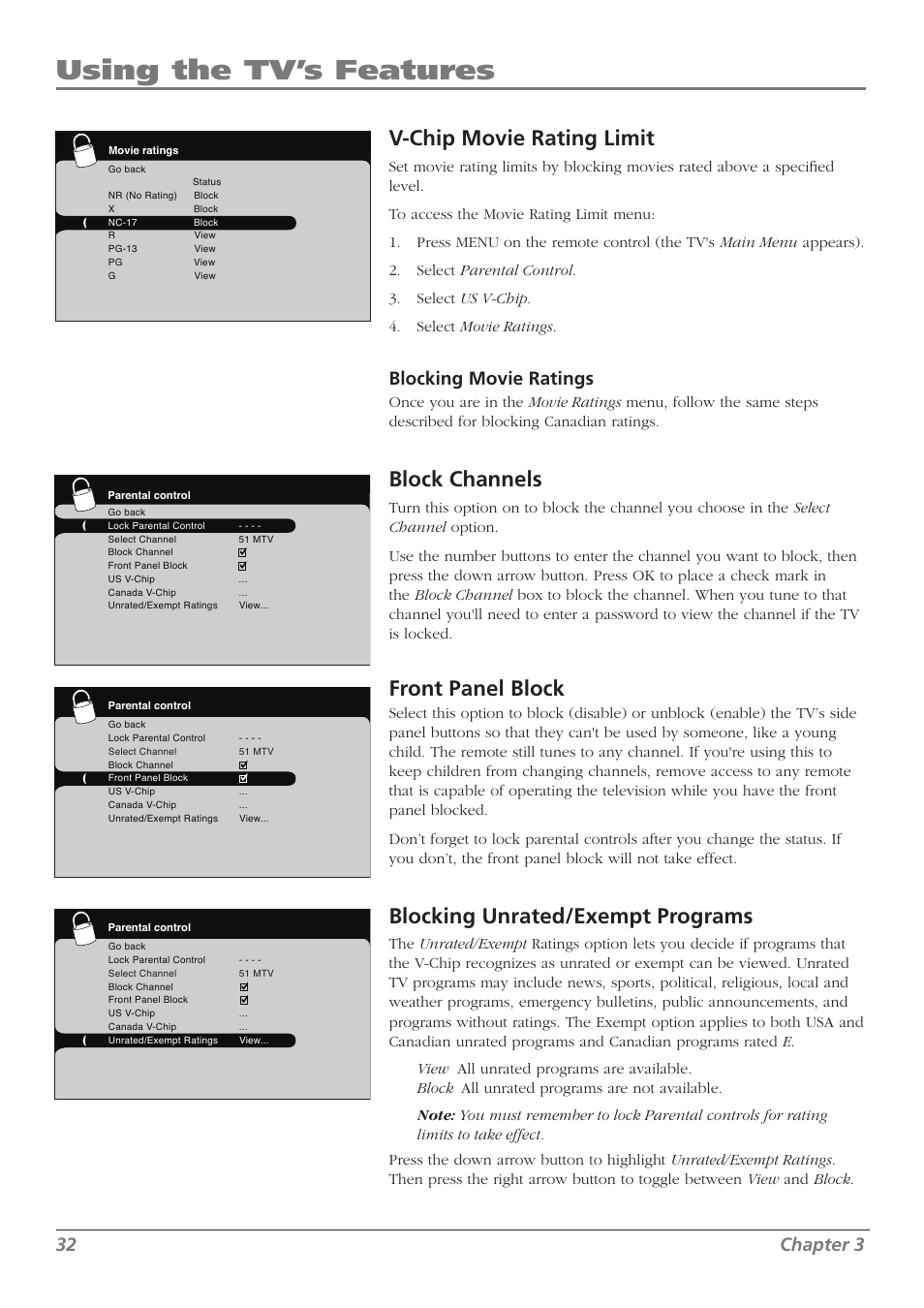 Using the tv’s features, V-chip movie rating limit, Block channels | Front panel block, Blocking unrated/exempt programs, 32 chapter 3, Blocking movie ratings | RCA L37WD250 User Manual | Page 32 / 52