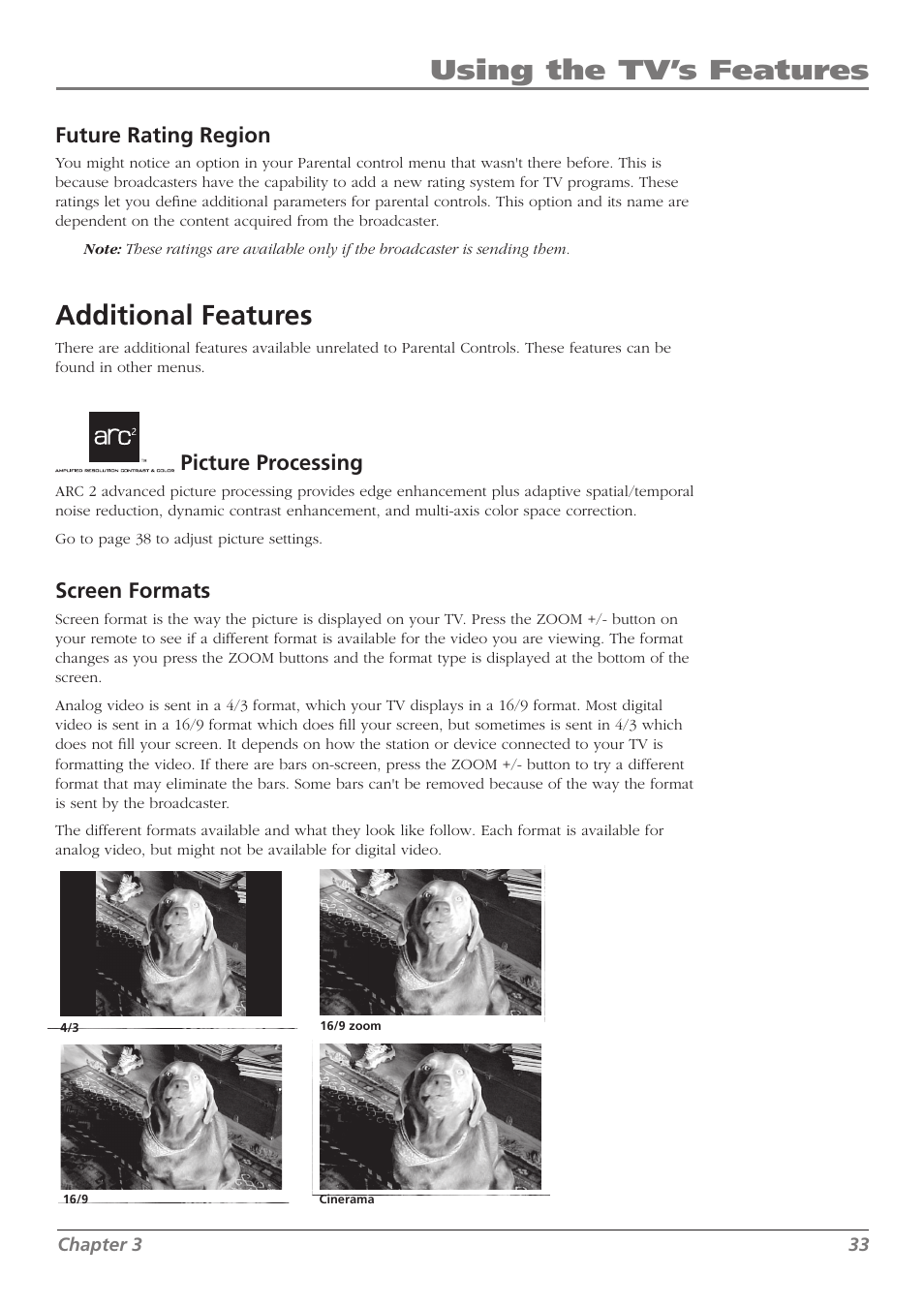 Using the tv’s features, Additional features, Future rating region | Picture processing, Screen formats | RCA L37WD250 User Manual | Page 33 / 52