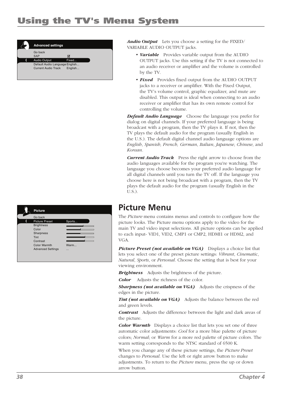 Using the tv's menu system, Picture menu, 38 chapter 4 | RCA L37WD250 User Manual | Page 38 / 52
