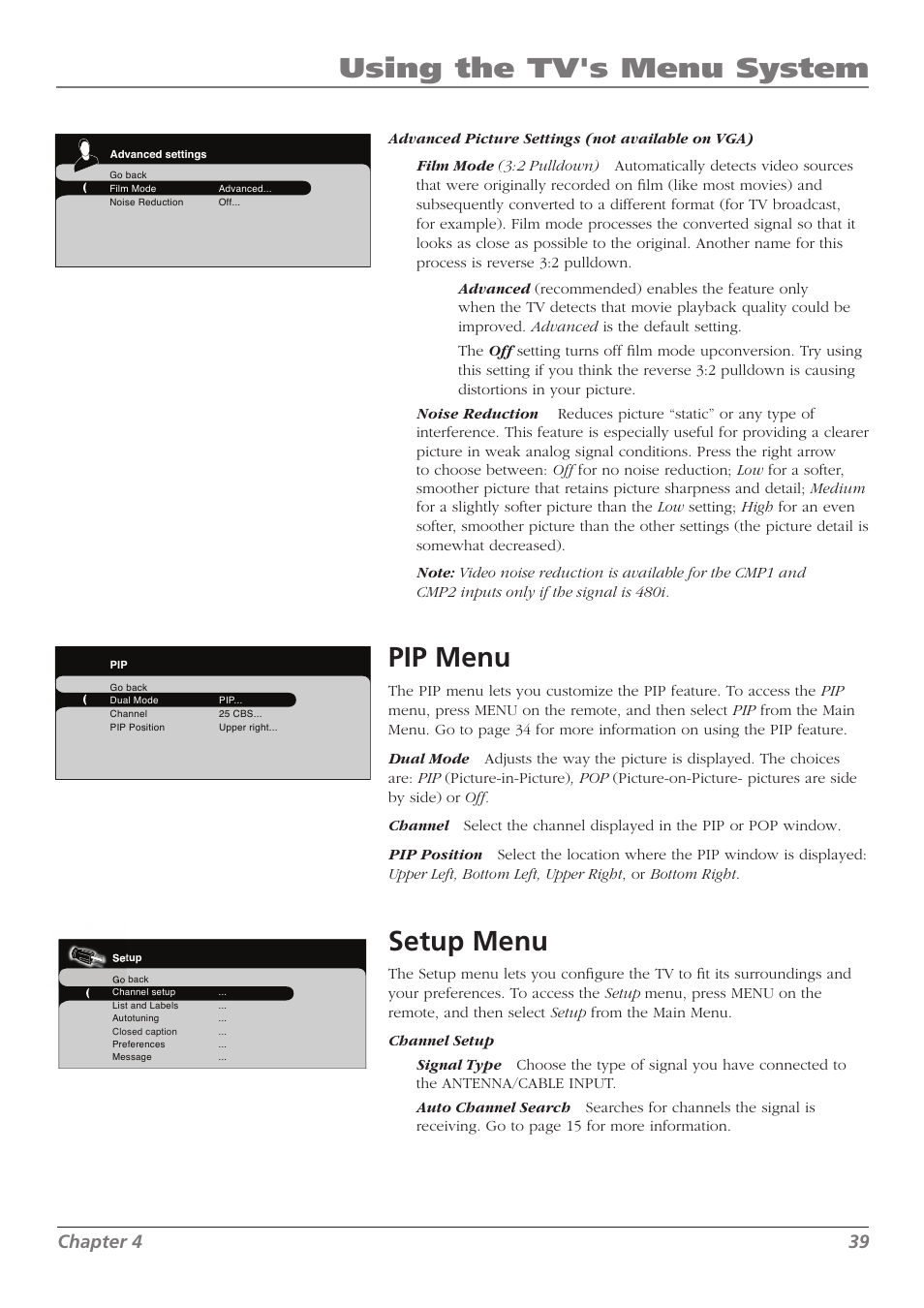 Using the tv's menu system, Pip menu, Setup menu | Chapter 4 39 | RCA L37WD250 User Manual | Page 39 / 52