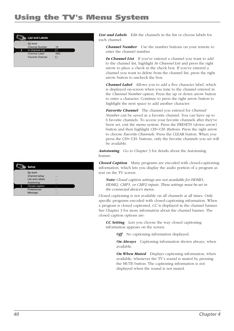 Using the tv's menu system, 40 chapter 4 | RCA L37WD250 User Manual | Page 40 / 52