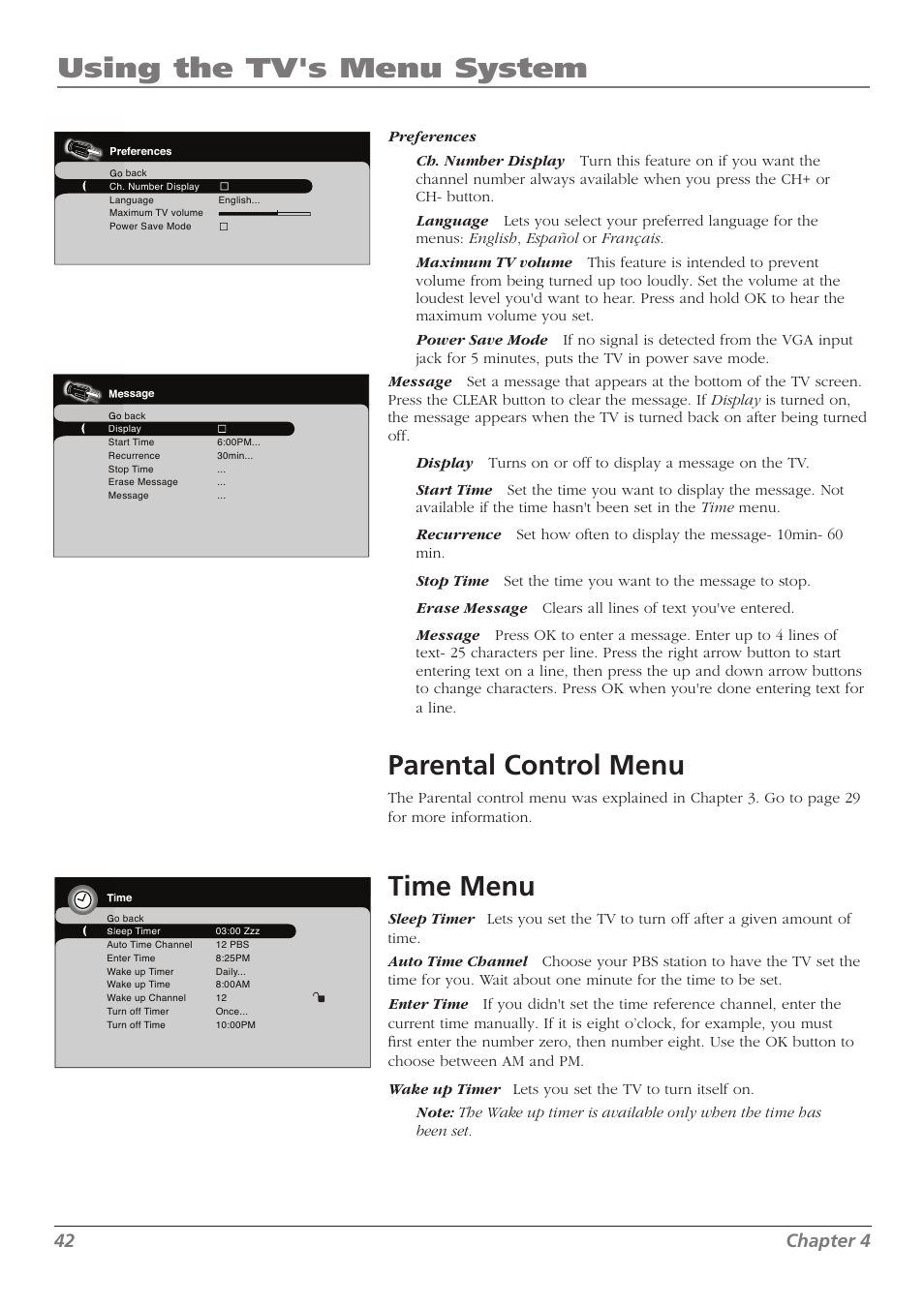 Using the tv's menu system, Parental control menu, Time menu | 42 chapter 4 | RCA L37WD250 User Manual | Page 42 / 52