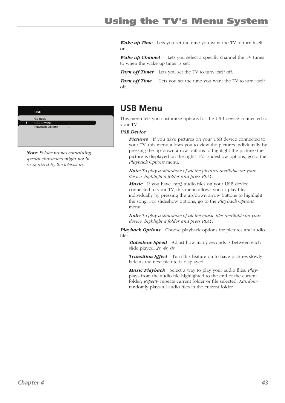 Using the tv's menu system, Usb menu, Chapter 4 43 | RCA L37WD250 User Manual | Page 43 / 52