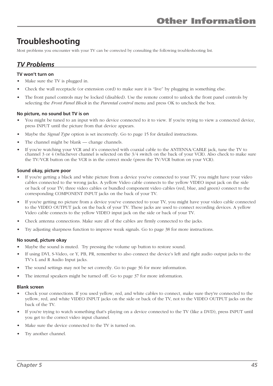 Other information troubleshooting, Tv problems | RCA L37WD250 User Manual | Page 45 / 52