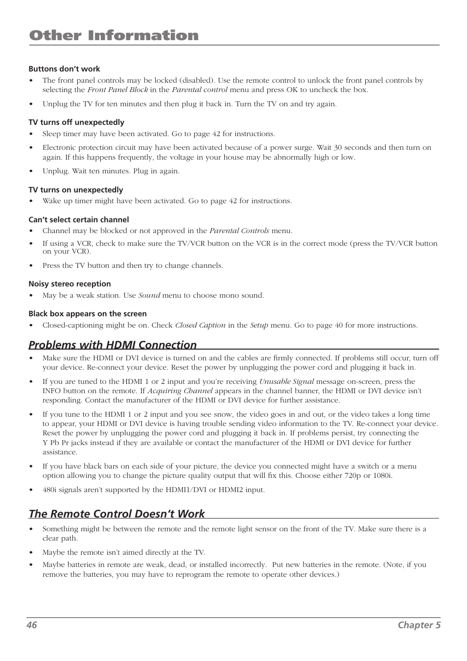 Other information, Problems with hdmi connection, The remote control doesn’t work | RCA L37WD250 User Manual | Page 46 / 52