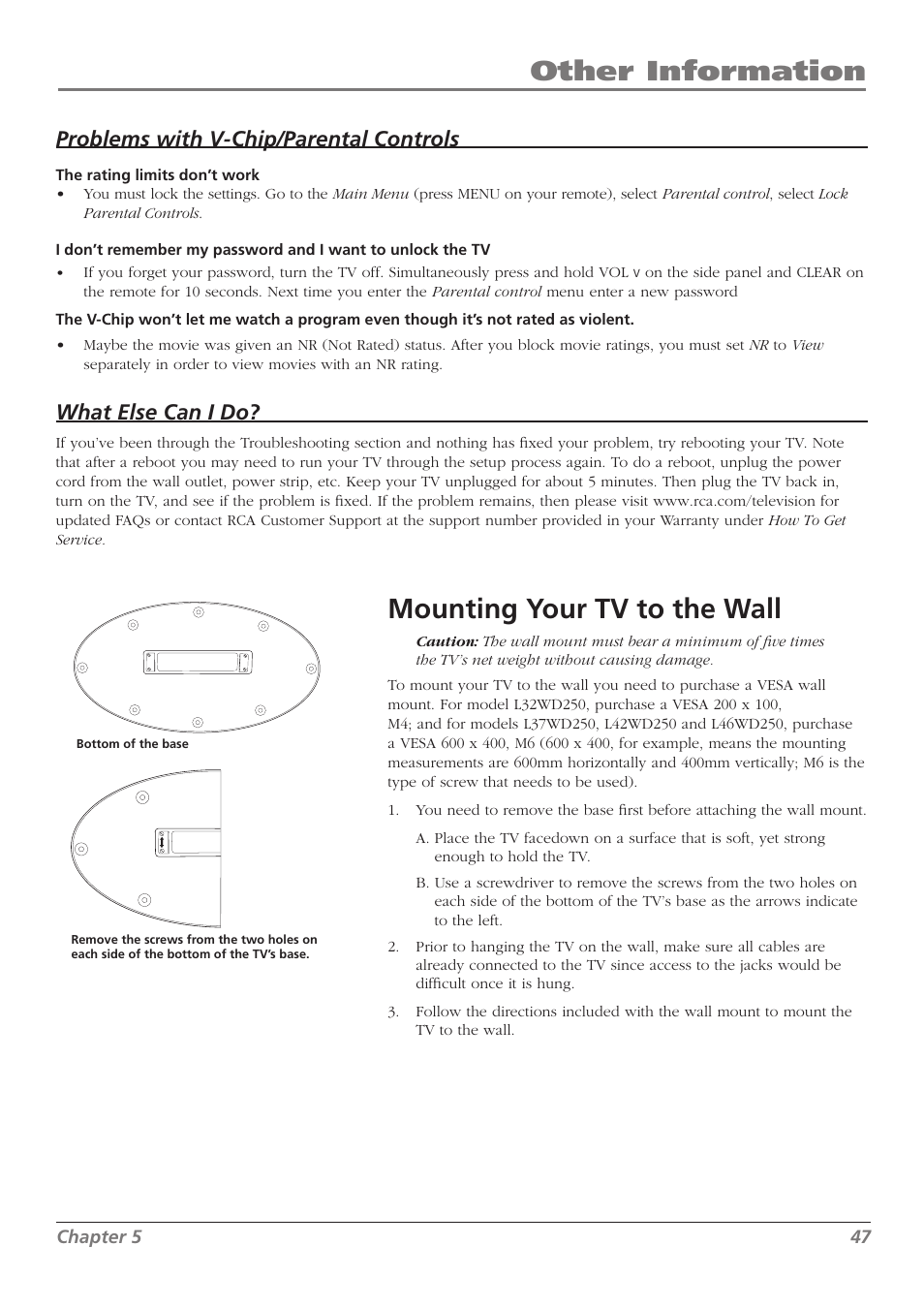 Other information, Mounting your tv to the wall, Problems with v-chip/parental controls | What else can i do | RCA L37WD250 User Manual | Page 47 / 52