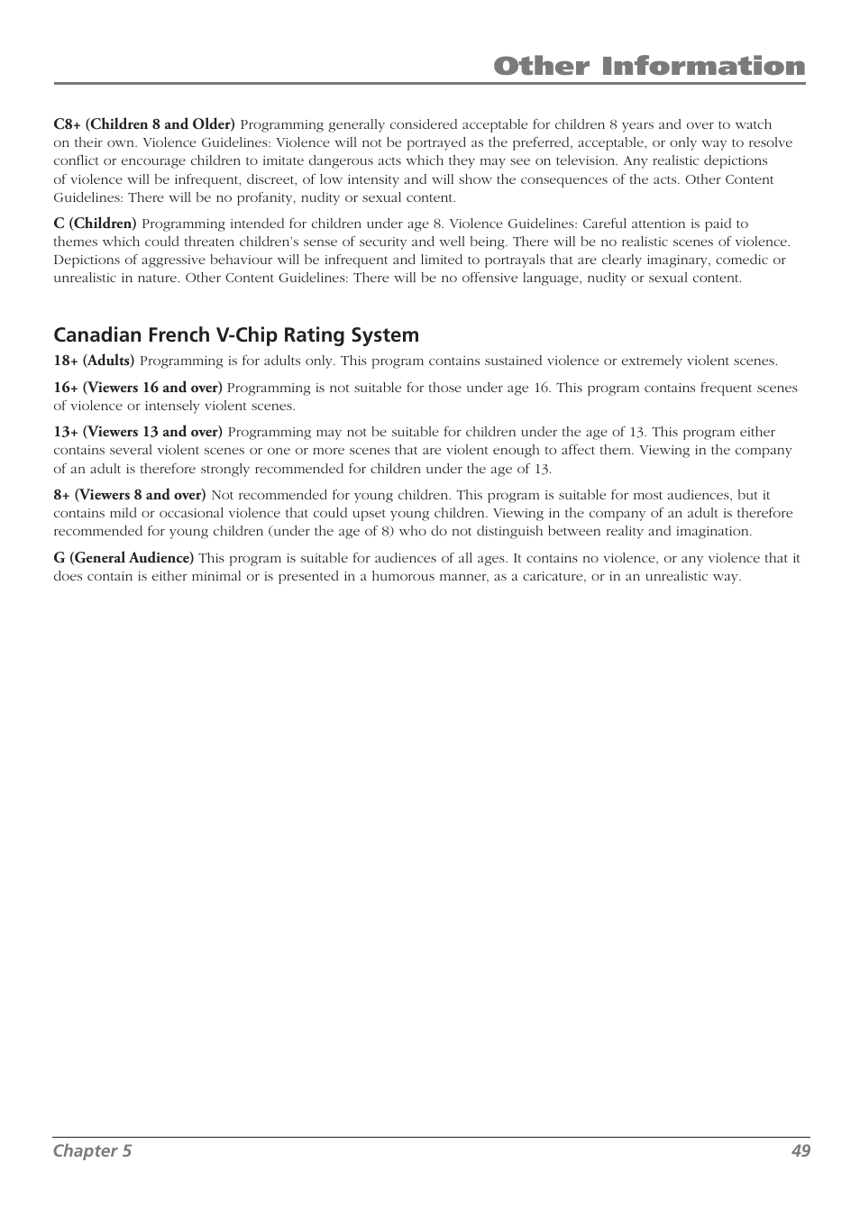 Other information, Canadian french v-chip rating system | RCA L37WD250 User Manual | Page 49 / 52