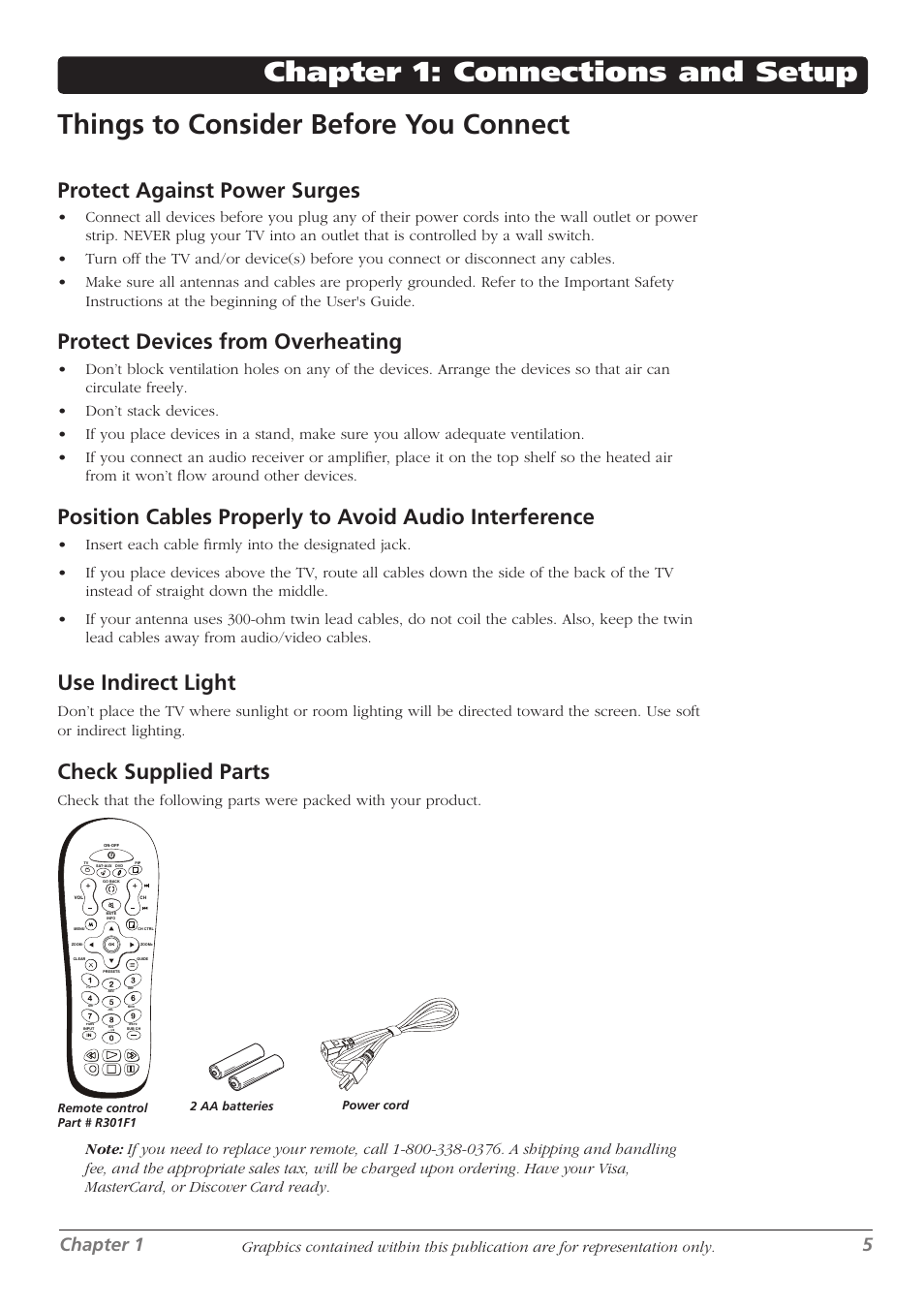 Protect against power surges, Protect devices from overheating, Use indirect light | Check supplied parts, Chapter 1 5 | RCA L37WD250 User Manual | Page 5 / 52