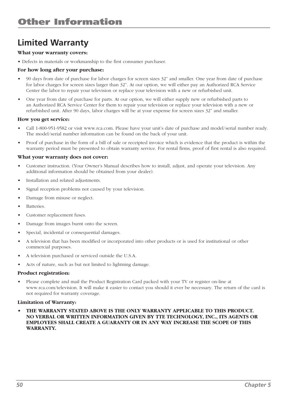 Other information limited warranty | RCA L37WD250 User Manual | Page 50 / 52
