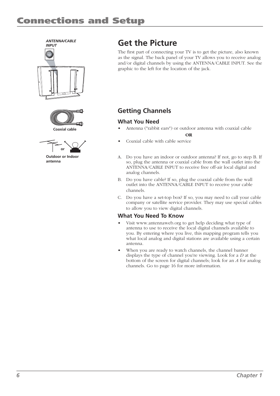 Connections and setup, Get the picture, Getting channels | RCA L37WD250 User Manual | Page 6 / 52