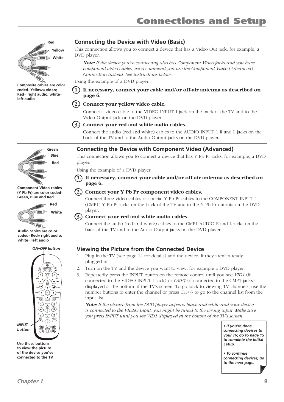 Connections and setup, Chapter 1 9, Connecting the device with video (basic) | Viewing the picture from the connected device, Connect your y pb pr component video cables, Connect your red and white audio cables | RCA L37WD250 User Manual | Page 9 / 52