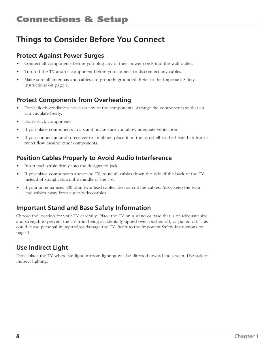 Connections & setup, Things to consider before you connect, Protect against power surges | Protect components from overheating, Important stand and base safety information, Use indirect light | RCA Scenium D44LPW134 User Manual | Page 10 / 64