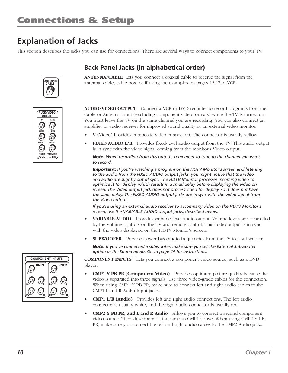 Connections & setup, Explanation of jacks, Back panel jacks (in alphabetical order) | 10 chapter 1 | RCA Scenium D44LPW134 User Manual | Page 12 / 64