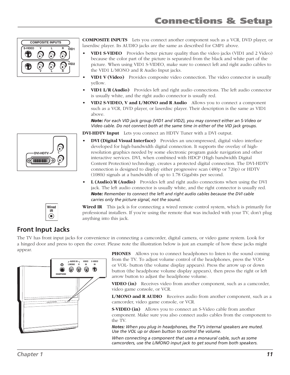 Connections & setup, Front input jacks, Chapter 1 11 | RCA Scenium D44LPW134 User Manual | Page 13 / 64