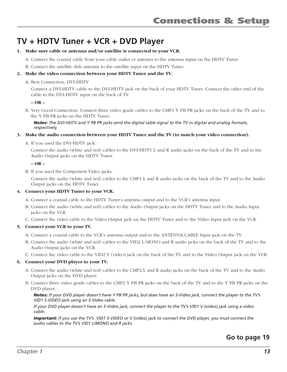 Connections & setup, Tv + hdtv tuner + vcr + dvd player, Go to page 19 | RCA Scenium D44LPW134 User Manual | Page 15 / 64