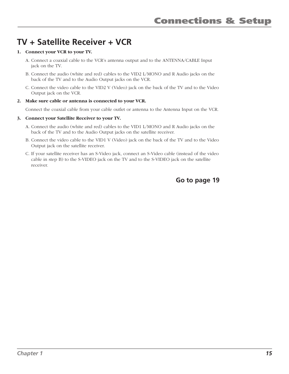 Connections & setup, Tv + satellite receiver + vcr, Go to page 19 | RCA Scenium D44LPW134 User Manual | Page 17 / 64