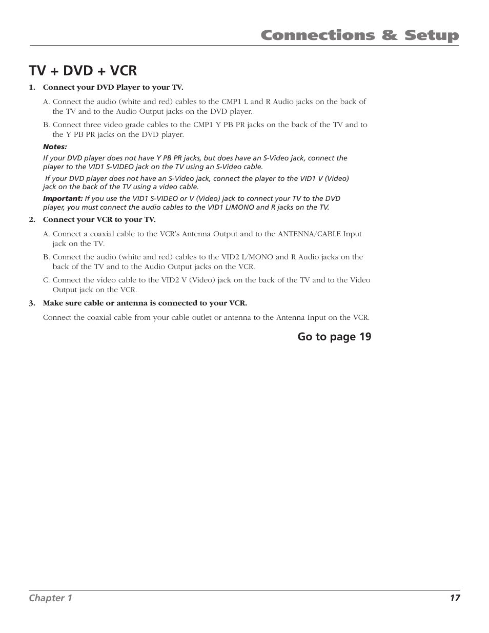 Connections & setup, Tv + dvd + vcr, Go to page 19 | RCA Scenium D44LPW134 User Manual | Page 19 / 64