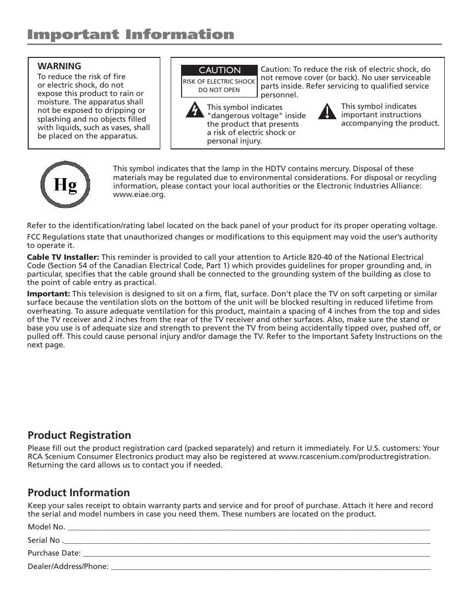 Important information, Product registration, Product information | RCA Scenium D44LPW134 User Manual | Page 2 / 64