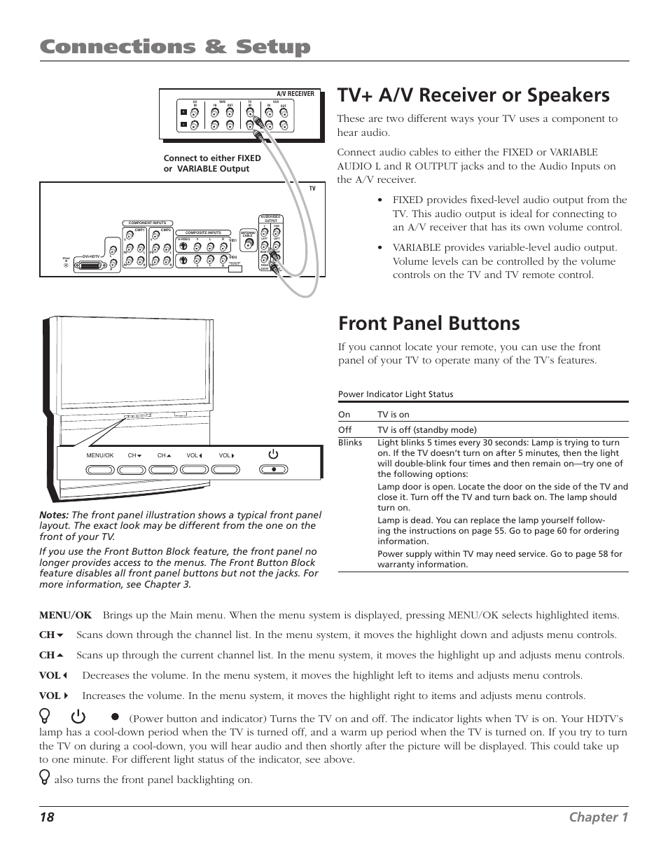 Connections & setup, Tv+ a/v receiver or speakers, Front panel buttons | 18 chapter 1, Me nu ch ch vo l — vo l + po w er | RCA Scenium D44LPW134 User Manual | Page 20 / 64