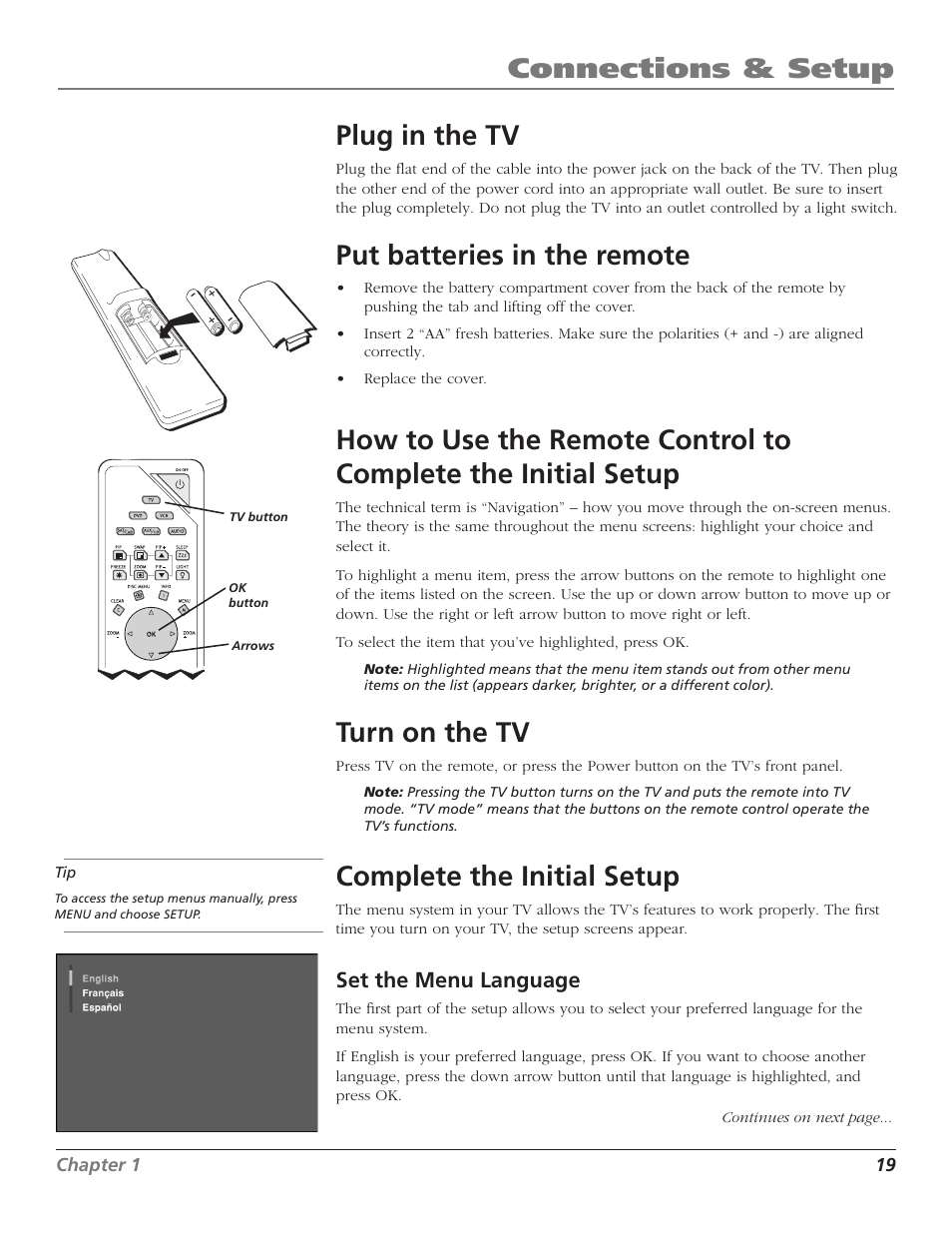 Connections & setup, Plug in the tv, Put batteries in the remote | Turn on the tv, Complete the initial setup, Set the menu language | RCA Scenium D44LPW134 User Manual | Page 21 / 64