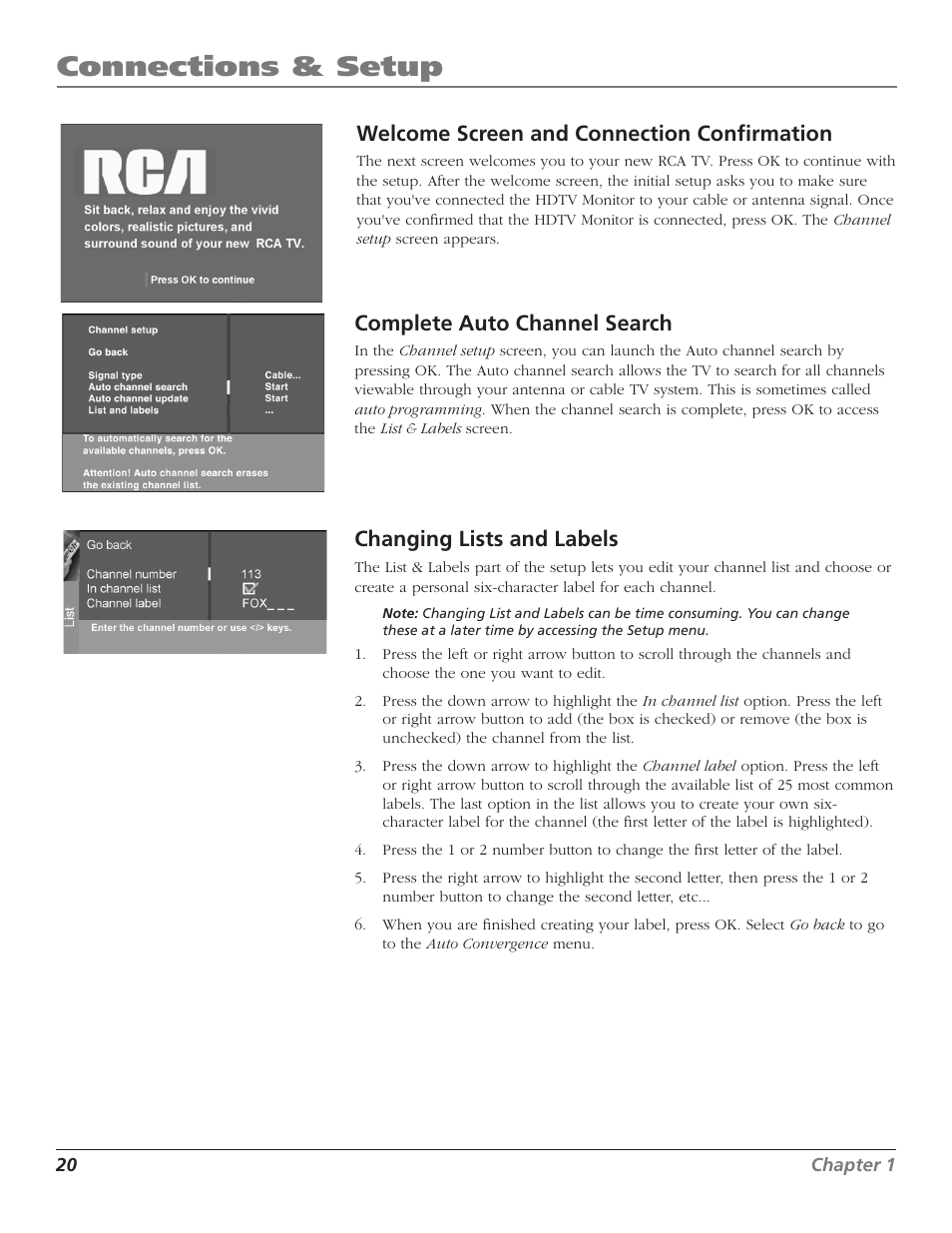 Connections & setup, Welcome screen and connection conﬁrmation, Complete auto channel search | Changing lists and labels | RCA Scenium D44LPW134 User Manual | Page 22 / 64