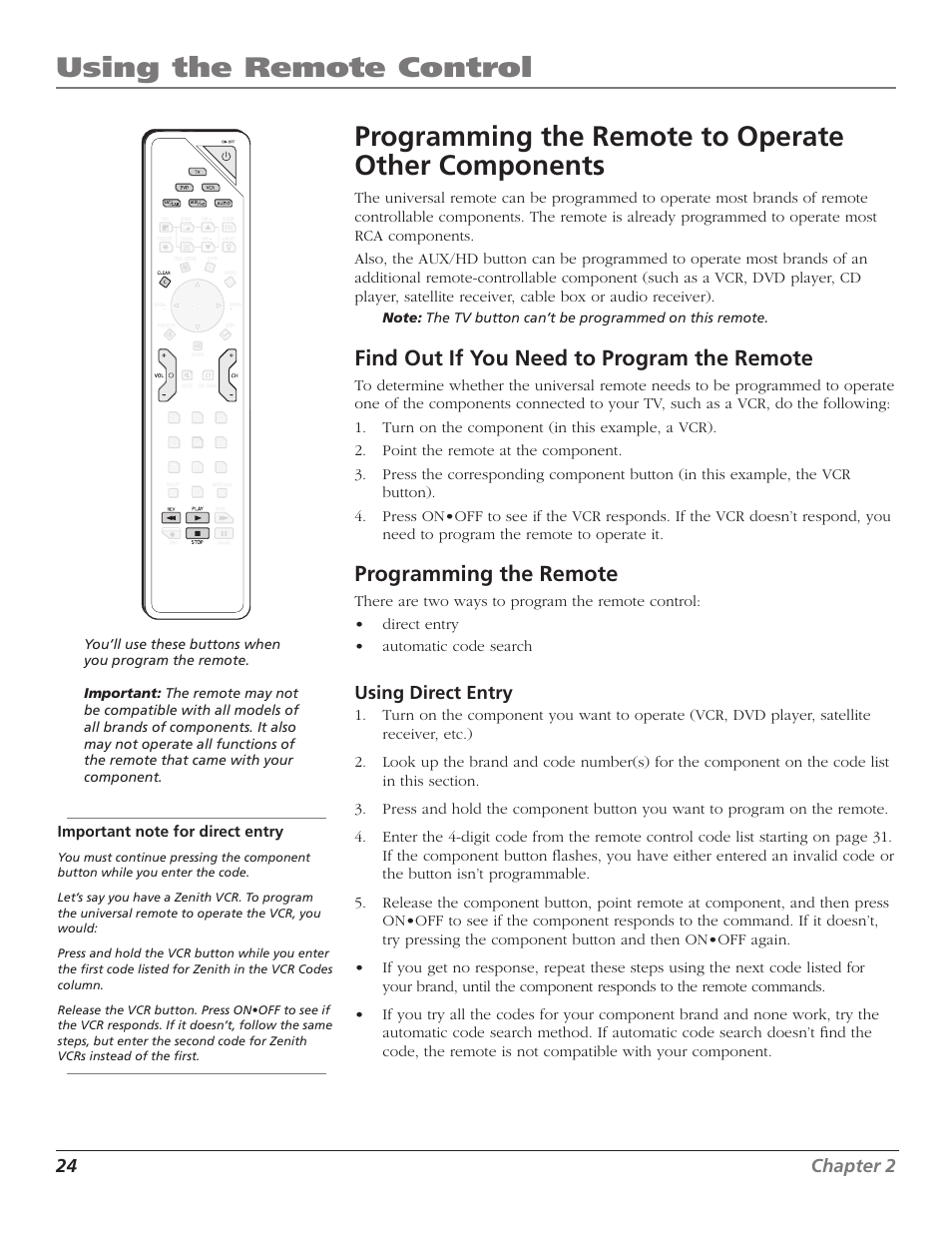 Using the remote control, Programming the remote to operate other components, Find out if you need to program the remote | Programming the remote | RCA Scenium D44LPW134 User Manual | Page 26 / 64