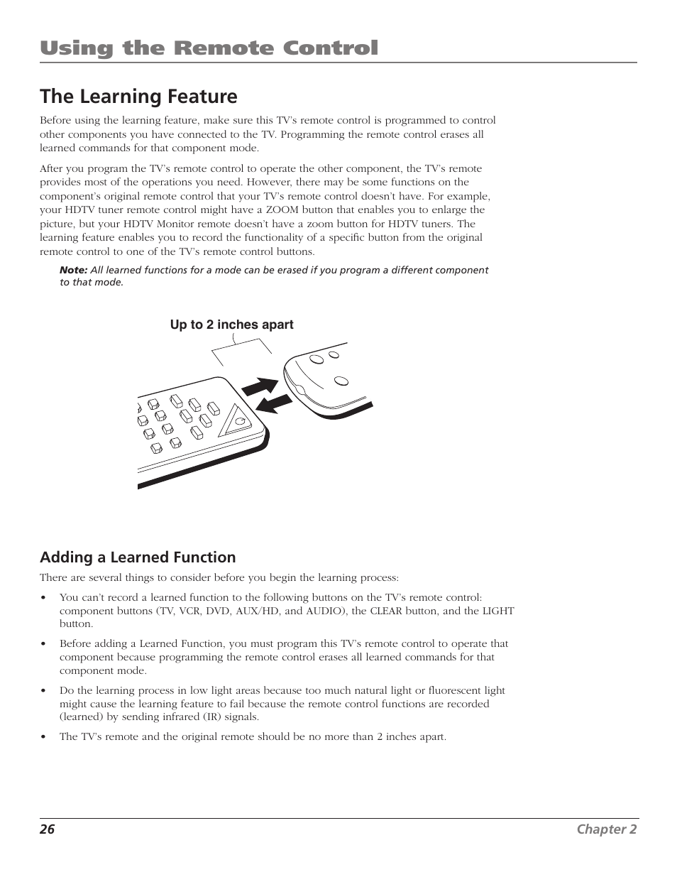 Using the remote control the learning feature, Adding a learned function | RCA Scenium D44LPW134 User Manual | Page 28 / 64