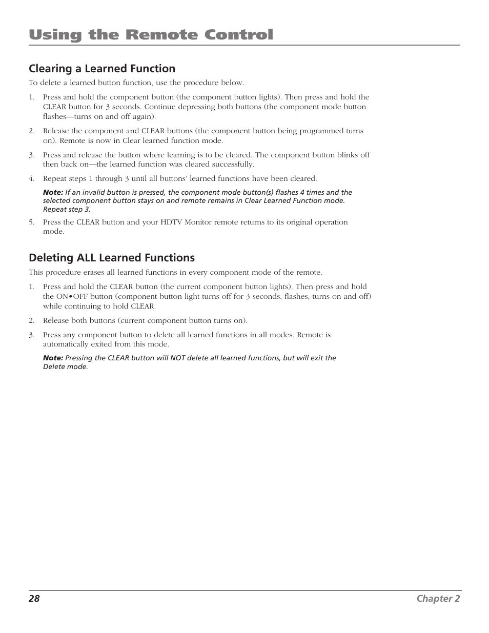 Using the remote control, Clearing a learned function, Deleting all learned functions | RCA Scenium D44LPW134 User Manual | Page 30 / 64