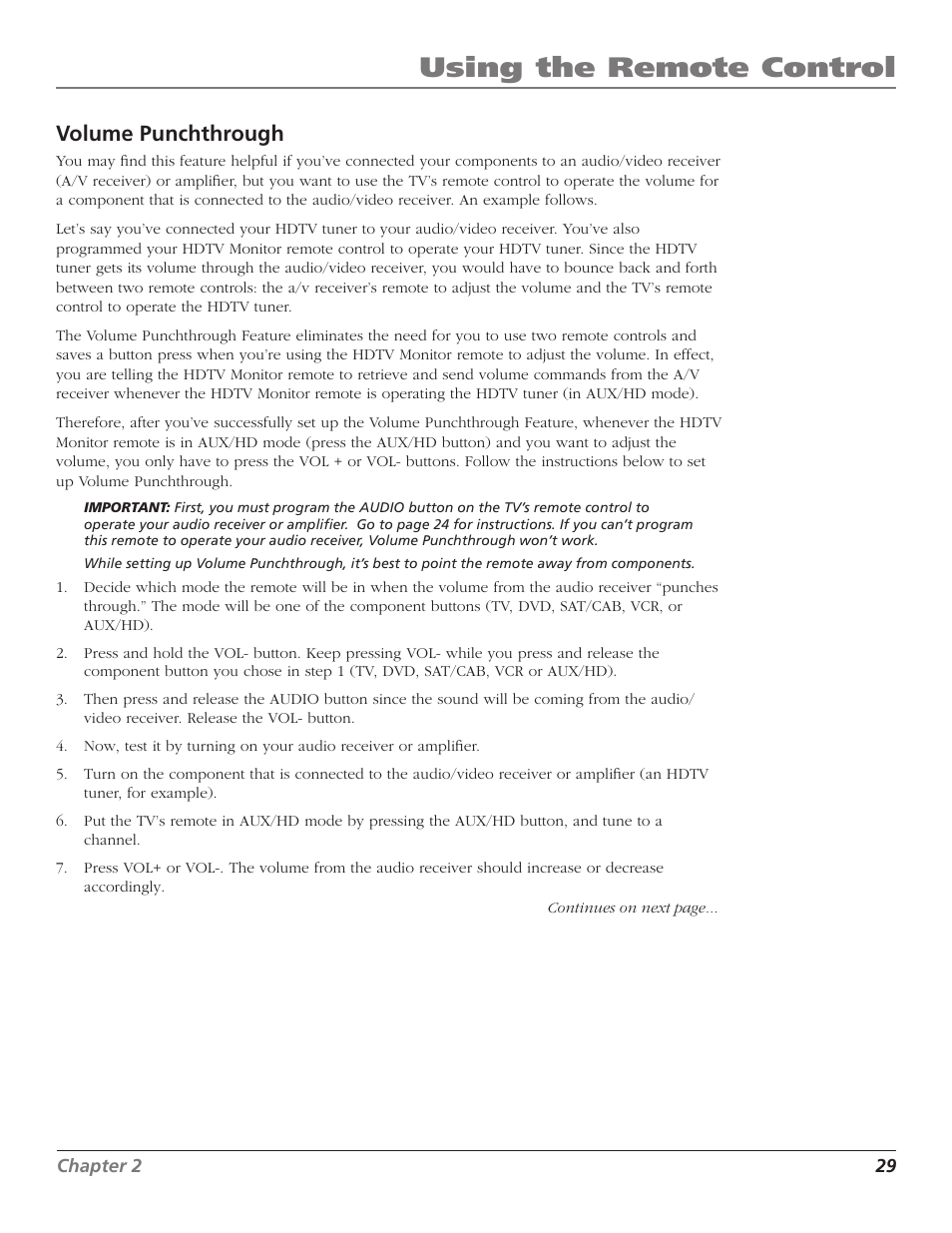 Using the remote control, Volume punchthrough | RCA Scenium D44LPW134 User Manual | Page 31 / 64